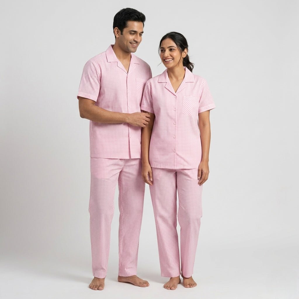 You and your partner twinning in Baby Pink Mini Checks night suit by Pajama Tribe
