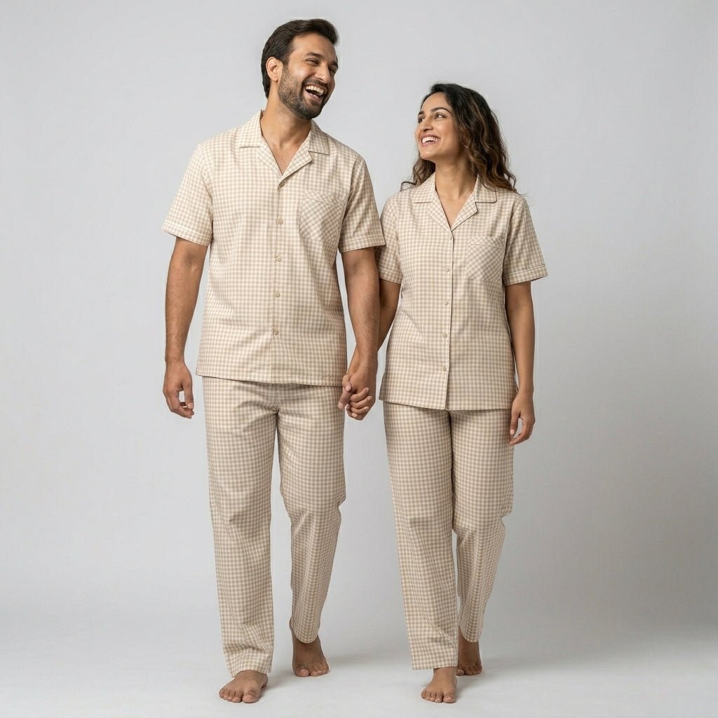 Beige Mini Checks couple night suit worn together