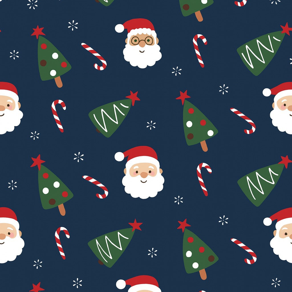 Santa and Trees Print in Cotton