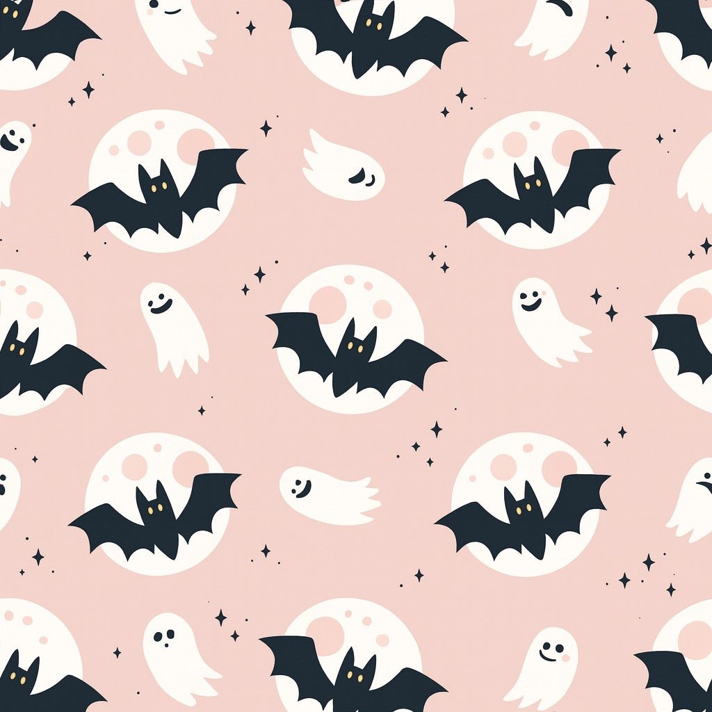 Bats and ghosts cotton fabric for spooky night suits, costume sleepwear and Halloween matching sets.