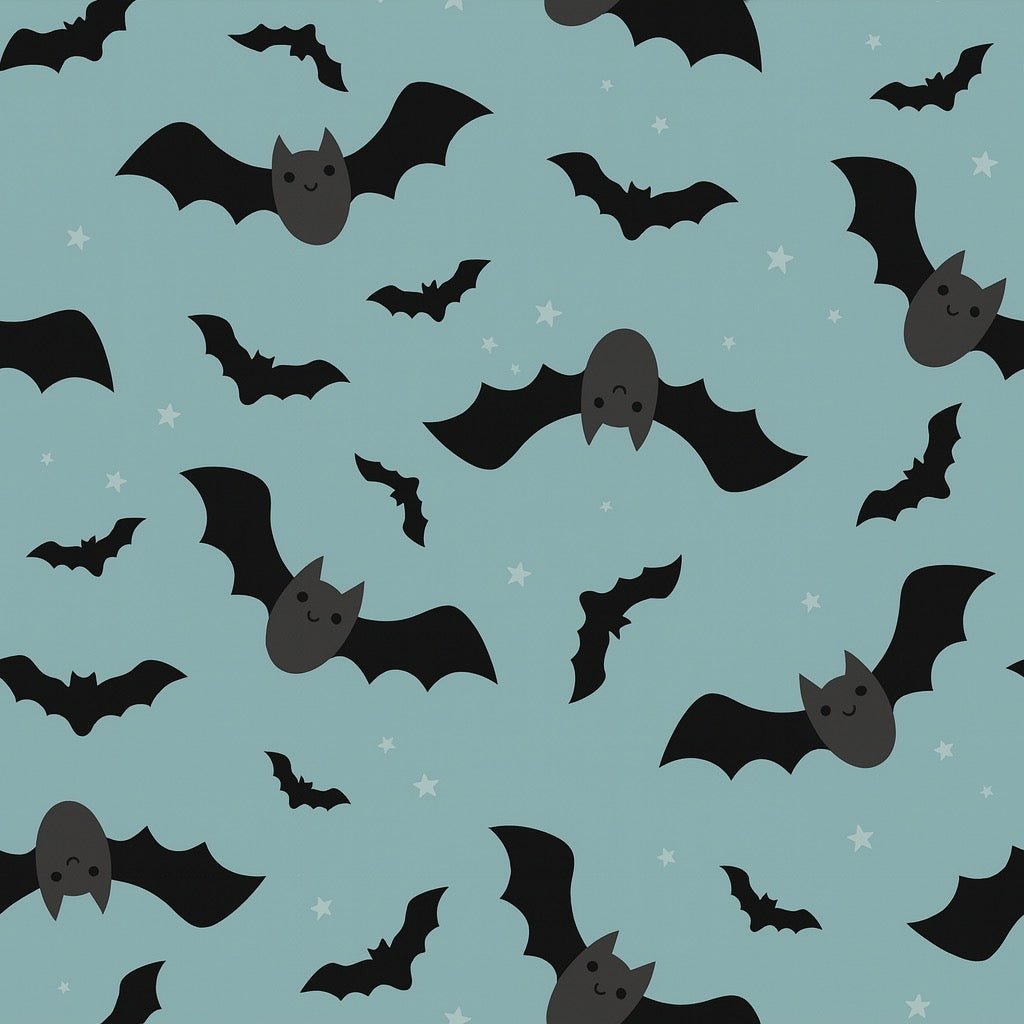 Flying bats cotton fabric for Halloween night suits, spooky kids’ sleepwear and themed party pajamas.