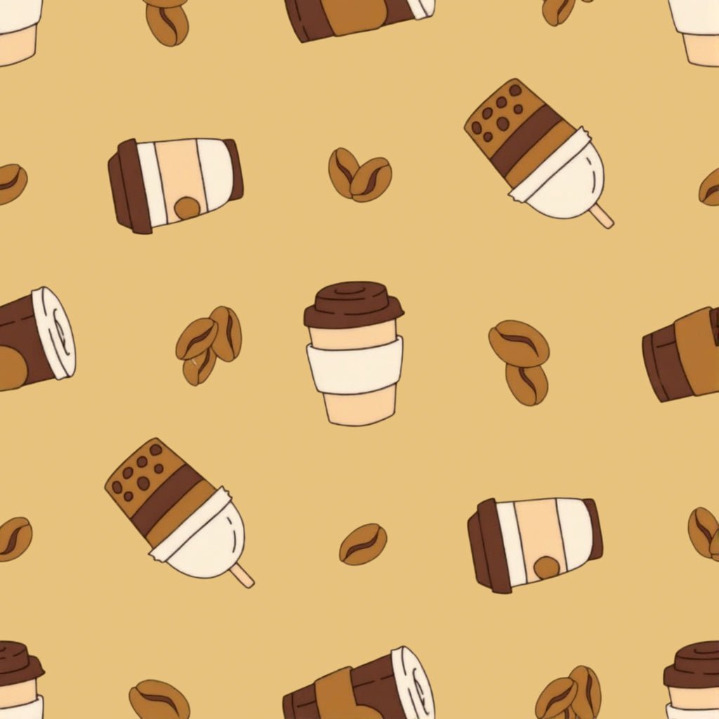 Coffee cup and cocoa themed fabric print designed for cozy pajama nightwear