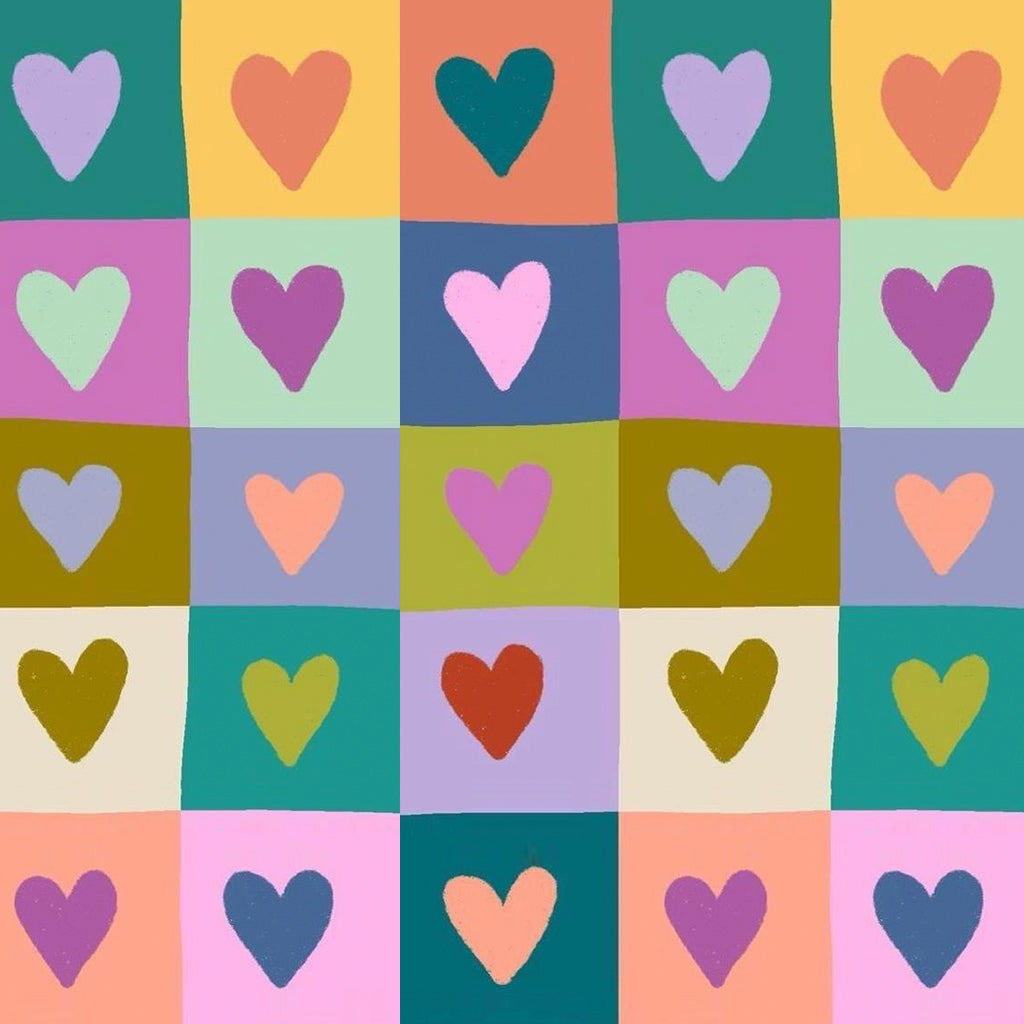 Colour block fabric print with heart motifs for bright matching pajama sets