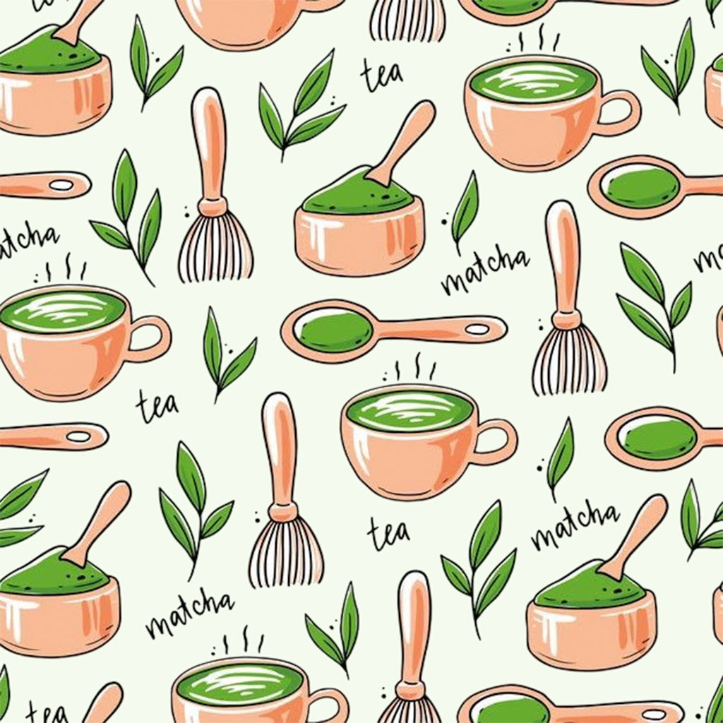 Matcha tea inspired fabric print with bowls and cups for calm nightwear