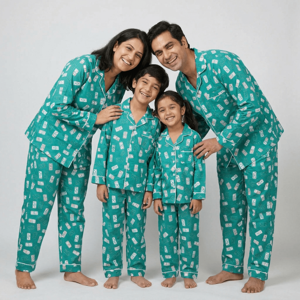Mom, dad and the kids in matching Ace Of Dreams full-sleeve night suit
