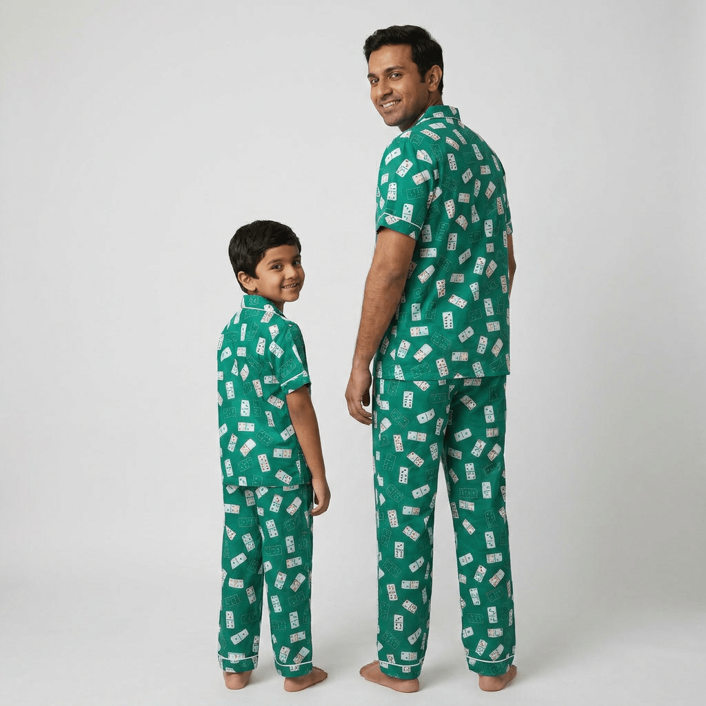 Dad and his mini-me in matching Ace Of Dreams half-sleeve night suit