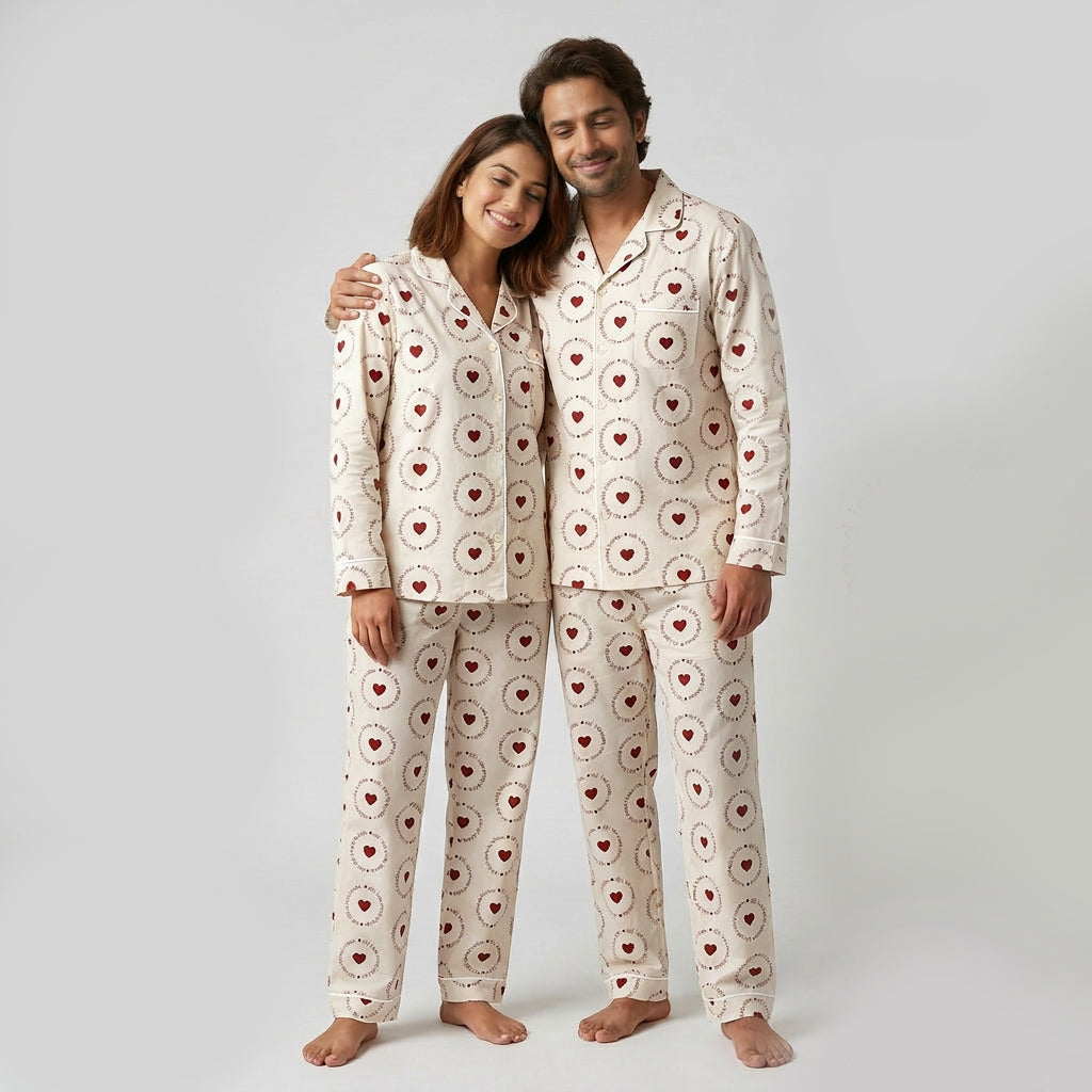 Husband and wife twinning in All You Need Is Love Soft Cream night suit by Pajama Tribe