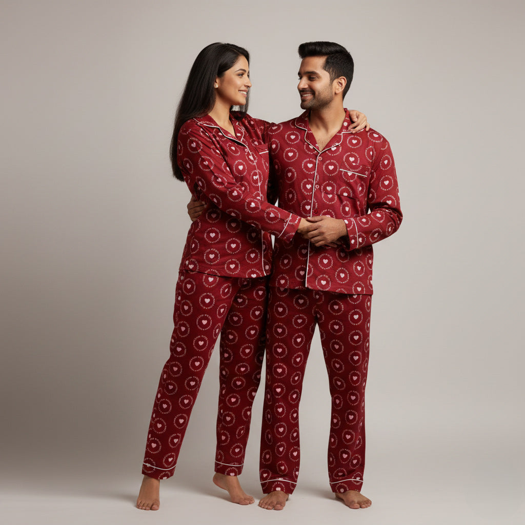 Deep red heart print couple pajamas worn as matching his and her nightwear set