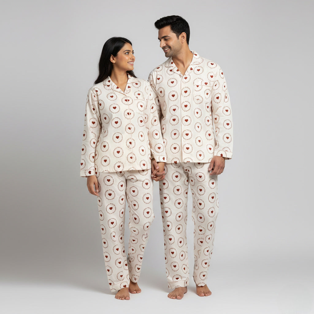 Soft cream heart print couple night suit styled as his and her matching pajamas
