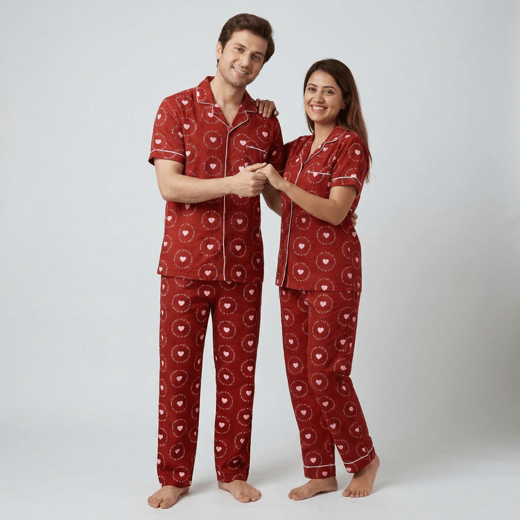 All You Need Is Love Deep Red matching night suit for him and her, styled together