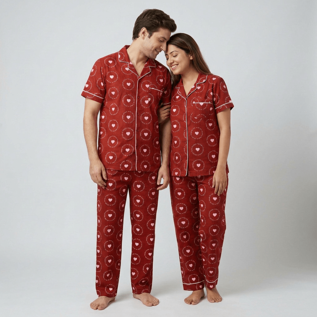 Pajama Tribe All You Need Is Love Deep Red his and her pajama set