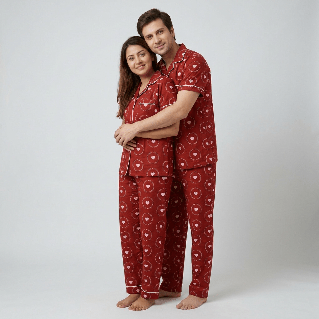 You and your partner in matching All You Need Is Love Deep Red night suit