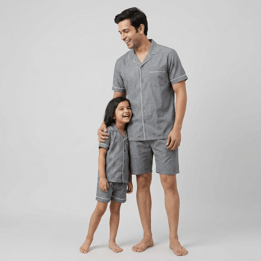 Ash Grey Denim matching shorts set for papa and his girl, styled together
