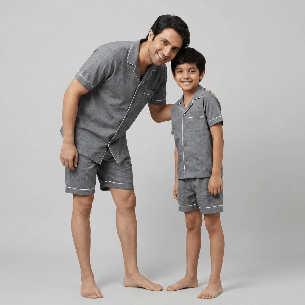Father and son in matching Ash Grey Denim shorts set