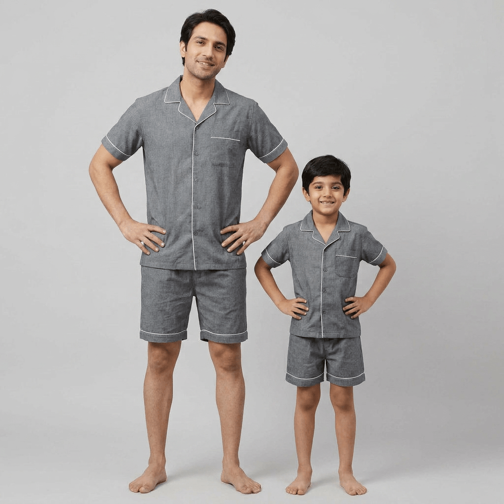 Matching Ash Grey Denim tencel denim shorts set for father and son