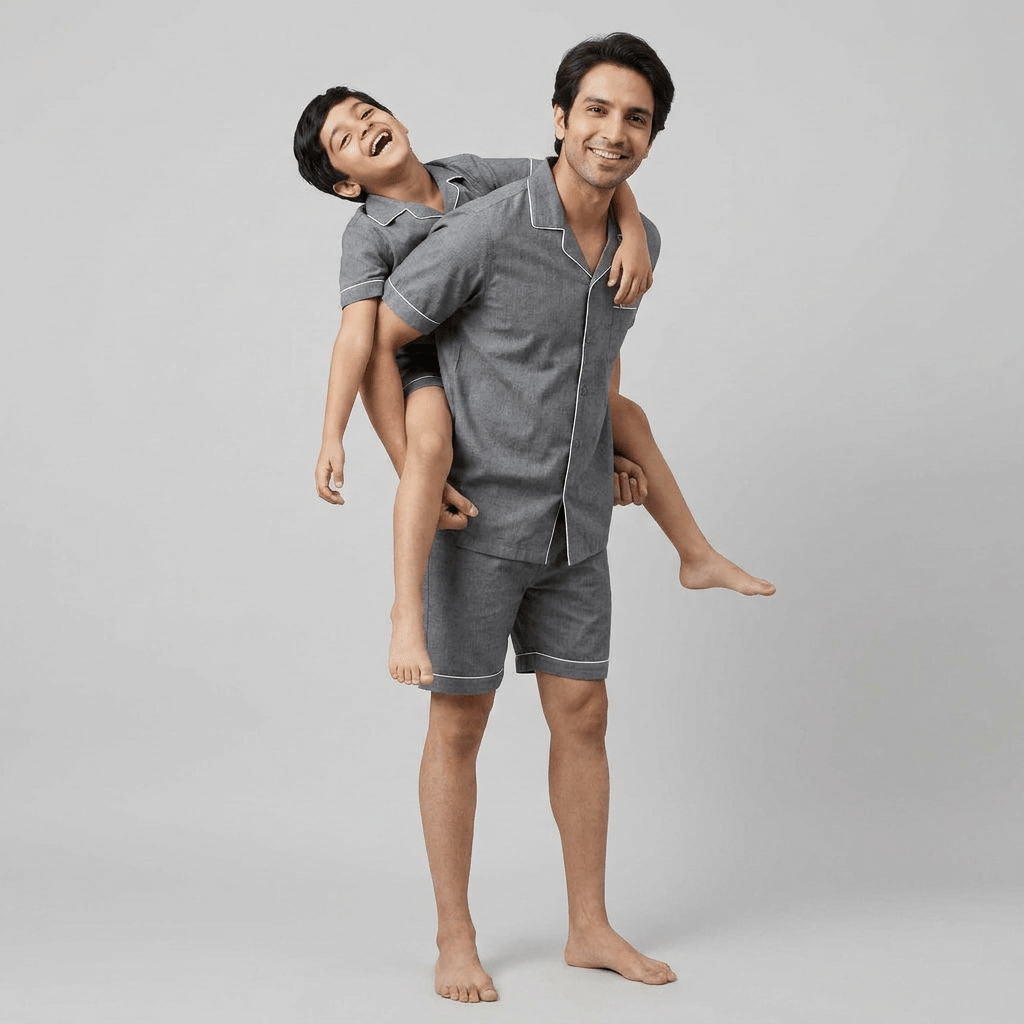 Dad and son twinning in Ash Grey Denim shorts set by Pajama Tribe