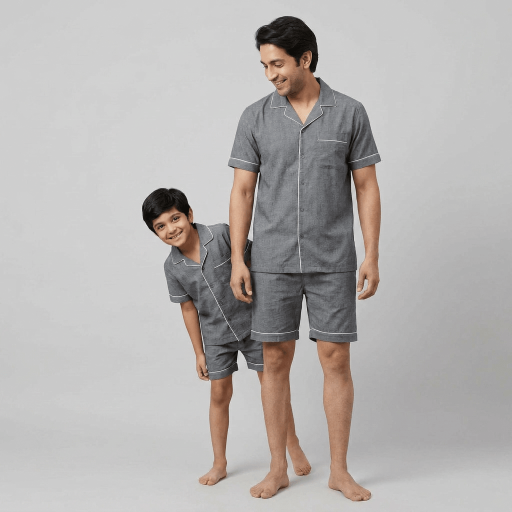 Ash Grey Denim matching shorts set for dad and son, styled together