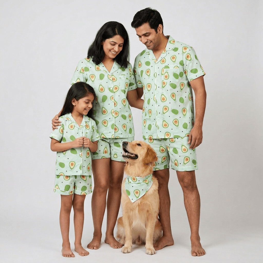 Avocado matching shorts set for parents and kids, styled together