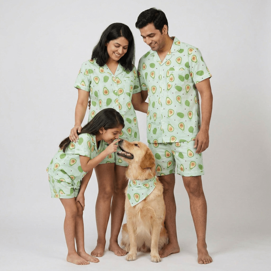 Avocado matching family pajamas worn together