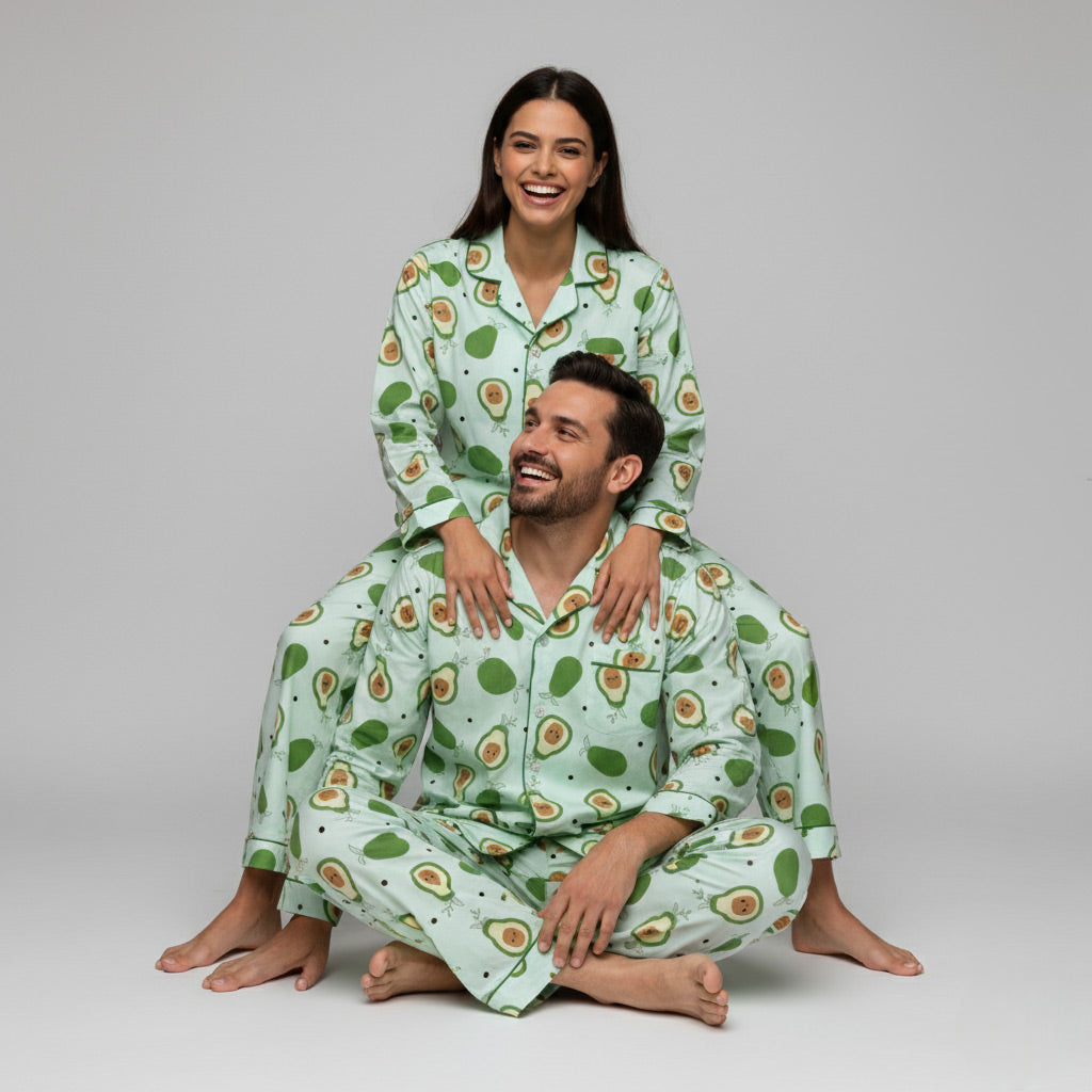 Couple in avocado print matching pajamas, fun green coordinated nightwear.