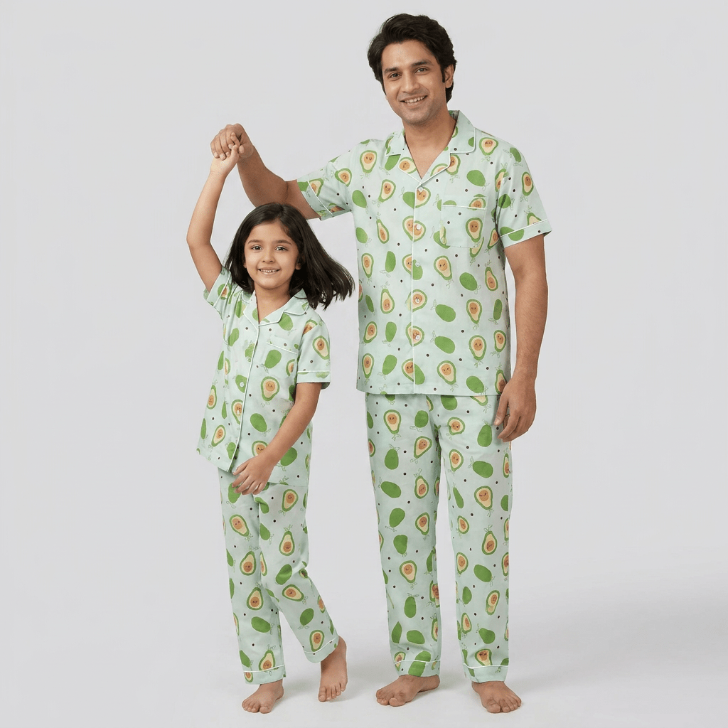 Daddy and his little girl twinning in Avocado half-sleeve night suit by Pajama Tribe