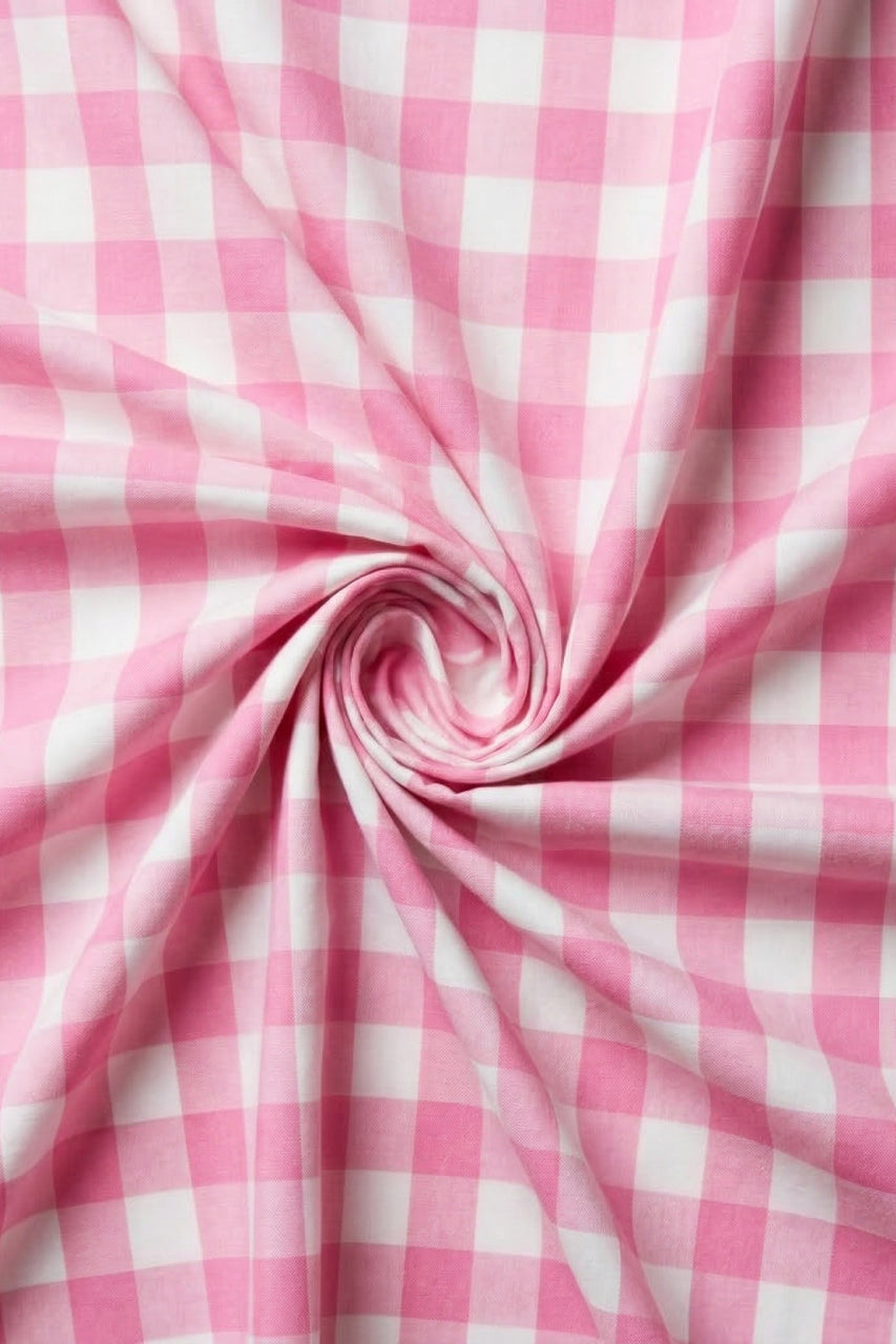 Pink and white checkered fabric in a swirl pattern