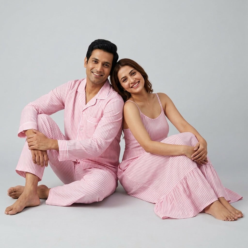 Pajama Tribe Baby Pink Pin Stripes couple night suit