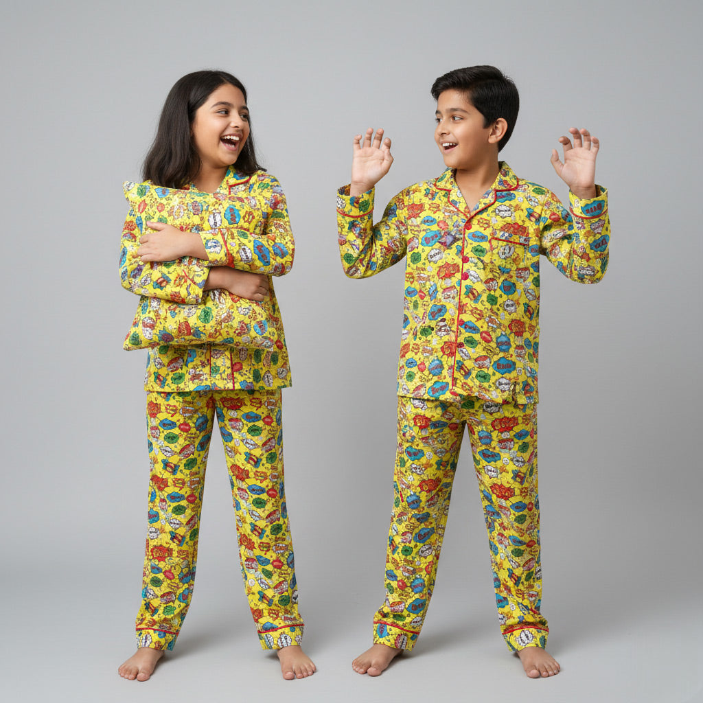 Siblings wearing Bang Bang matching pajama set, quirky coordinated design.