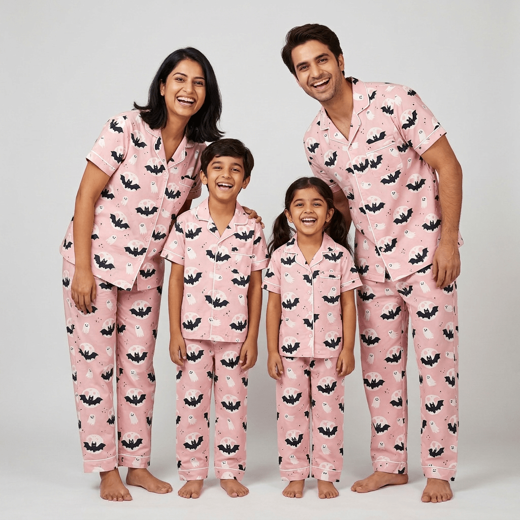Bats and Ghosts matching family pajamas worn together