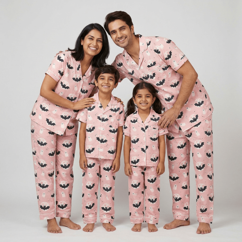 Matching Bats and Ghosts half-sleeve night suit for mom, dad and the kids