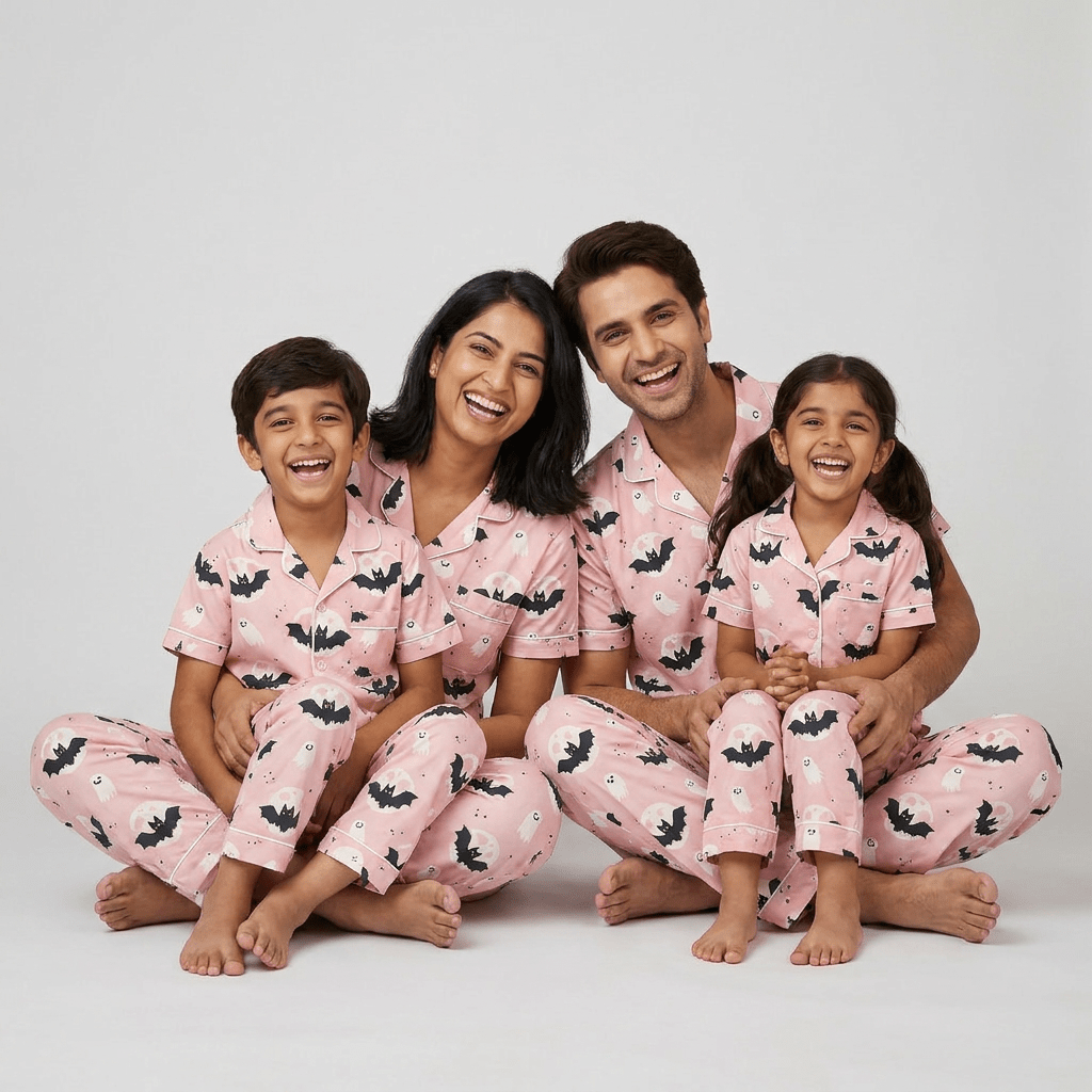 Parents and kids twinning in Bats and Ghosts half-sleeve night suit by Pajama Tribe