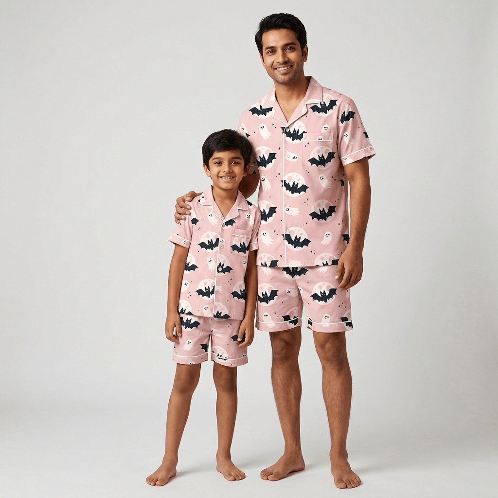 Dad and his mini-me in matching Bats and Ghosts shorts set