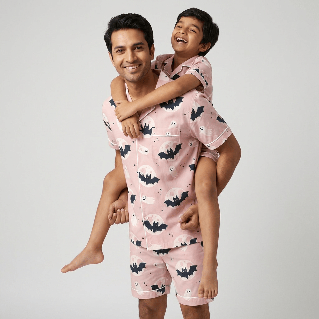 Bats and Ghosts dad and son matching pajamas worn together