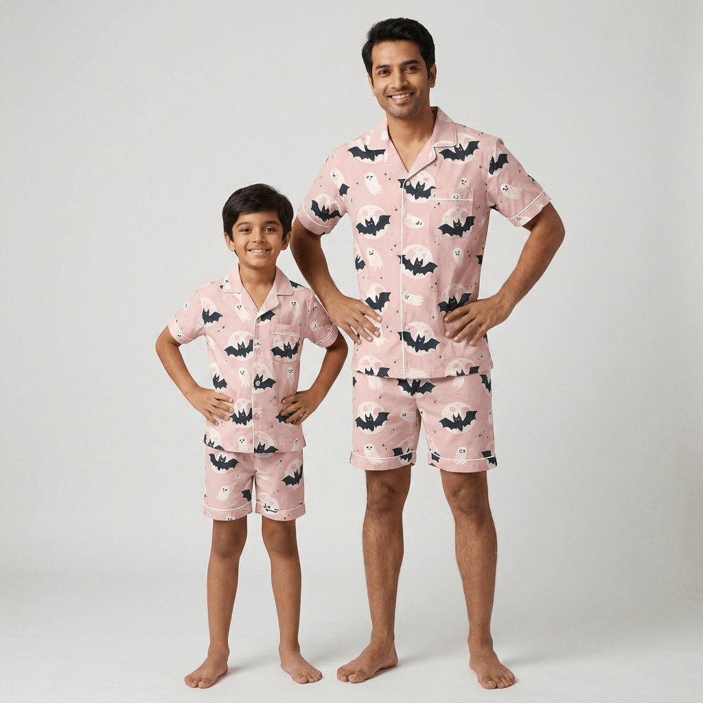 Matching Bats and Ghosts shorts set for dad and his mini-me