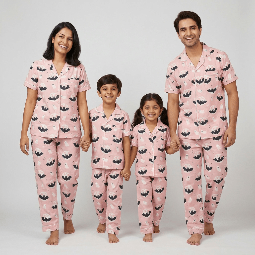 Bats and Ghosts matching half-sleeve night suit for parents and kids, styled together