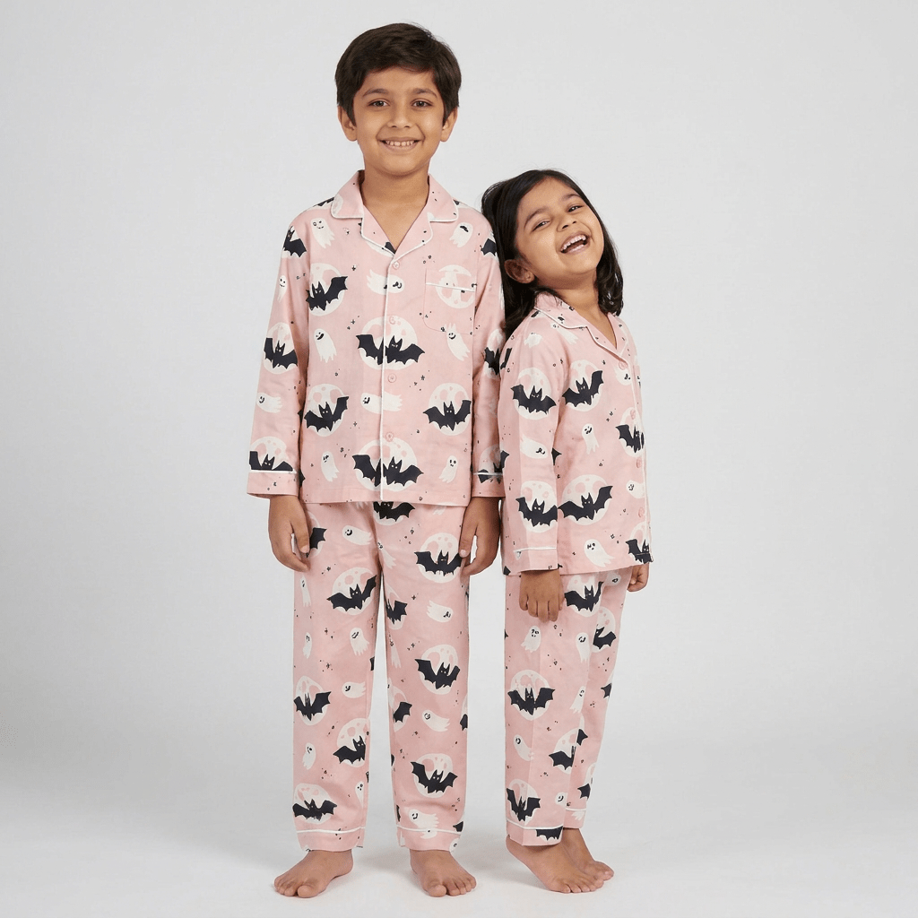 The siblings twinning in Bats and Ghosts full-sleeve night suit by Pajama Tribe