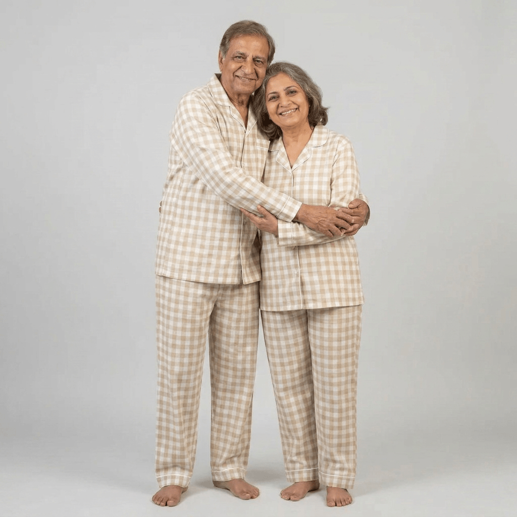 Beige Gingham matching full-sleeve night suit for nana and nani, styled together