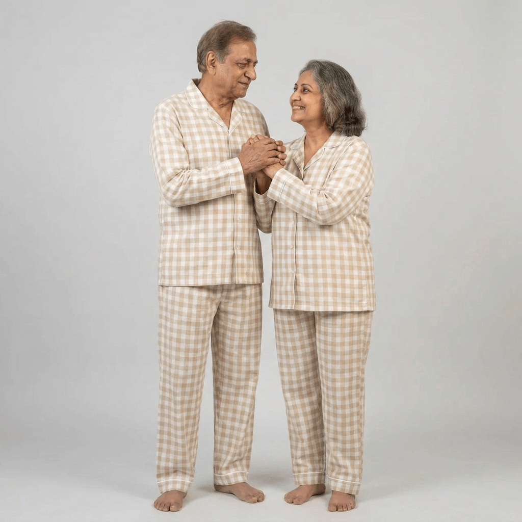Dada and dadi in matching Beige Gingham full-sleeve night suit