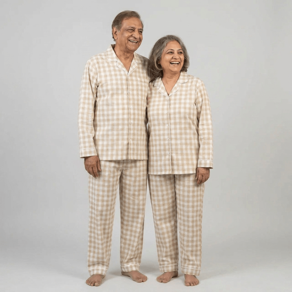 Beige Gingham grandparents matching night suit worn together