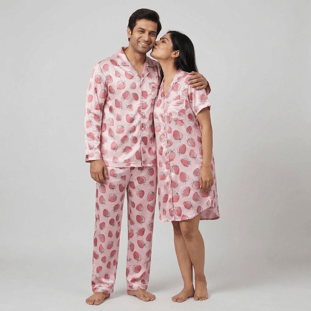 Husband and wife in matching Berrylicious half-sleeve night suit