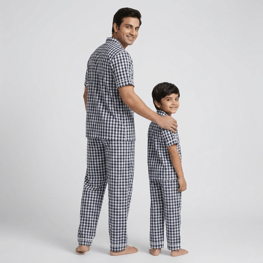Black Gingham matching half-sleeve night suit for father and son, styled together