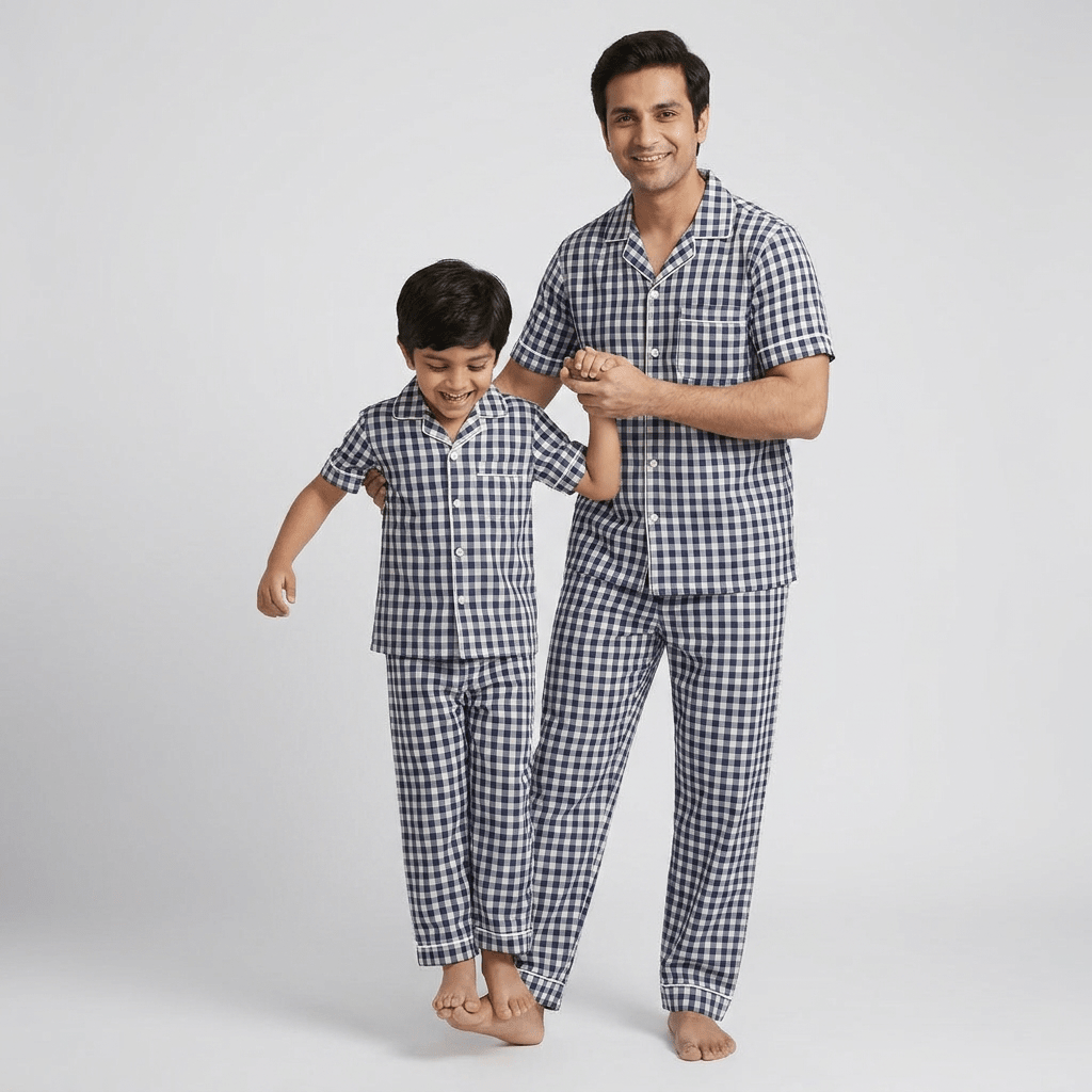 Papa and his boy twinning in Black Gingham half-sleeve night suit by Pajama Tribe
