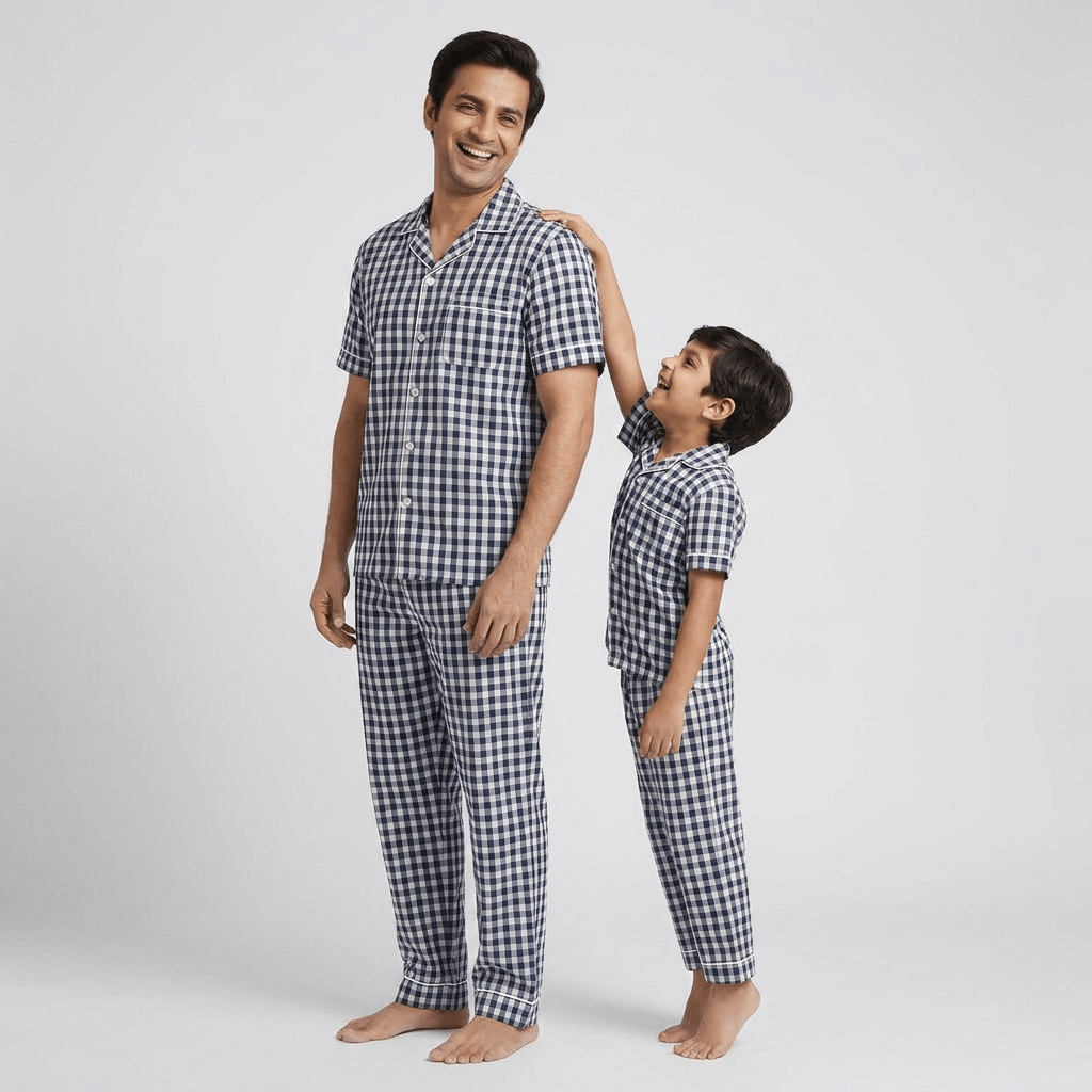 Papa and his boy in matching Black Gingham half-sleeve night suit