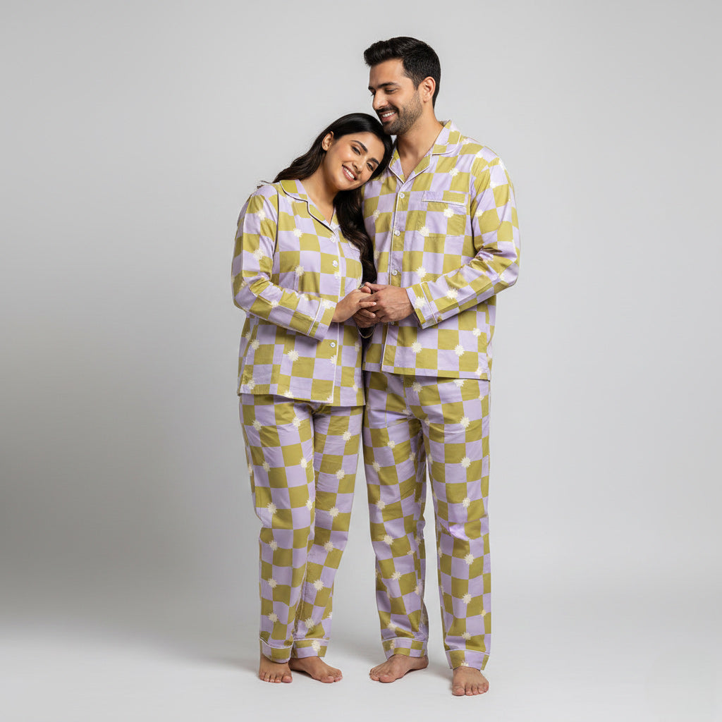 Gingham check couple nightwear with floral accents in his and her pajamas