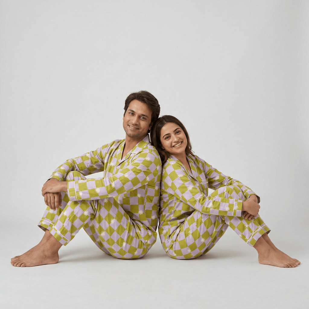 Bloom Check Gingham matching night suit for the two of you, styled together