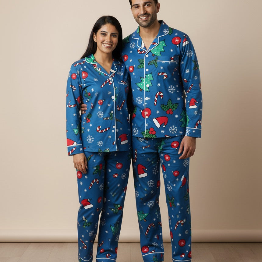 Man and woman wearing matching blue Christmas pajamas against a beige background