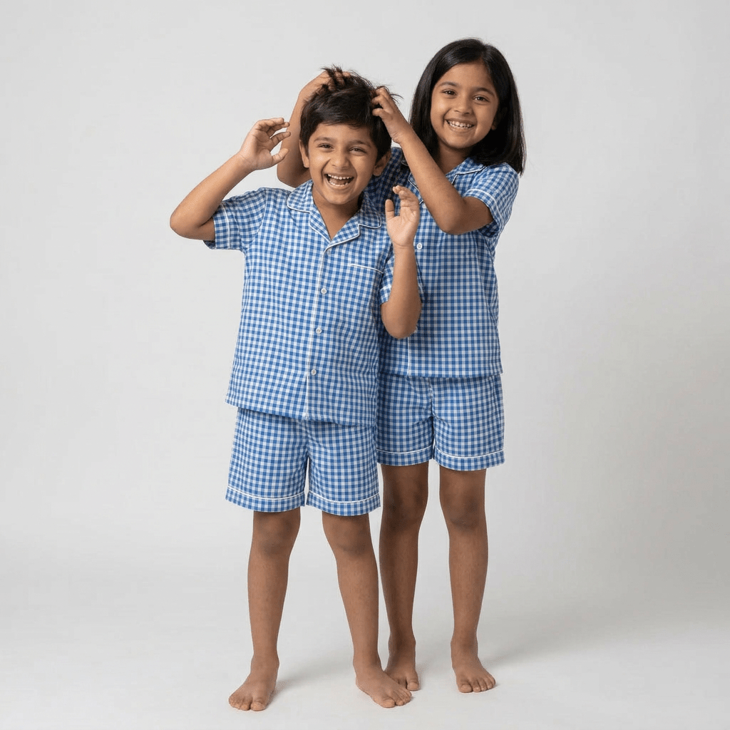 The siblings twinning in Blue Gingham shorts set by Pajama Tribe