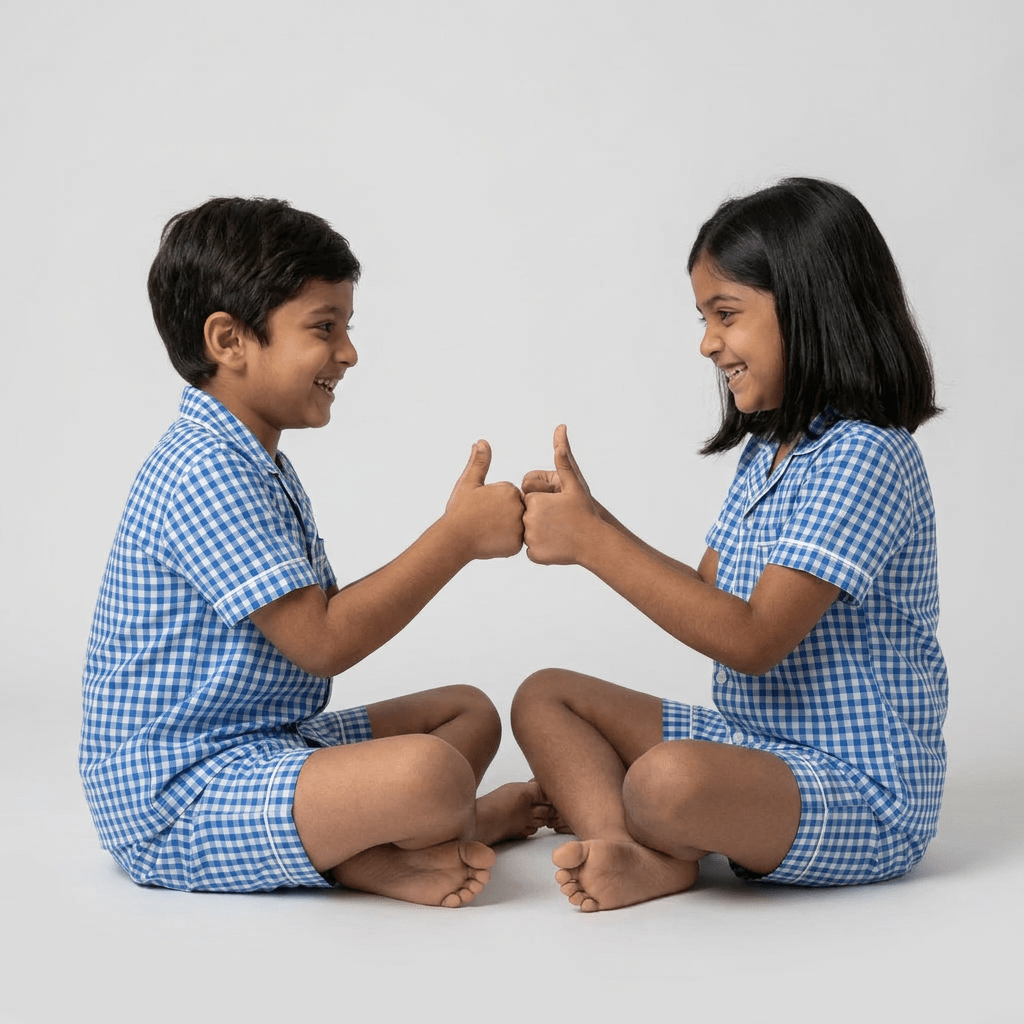 Matching Blue Gingham shorts set for the siblings
