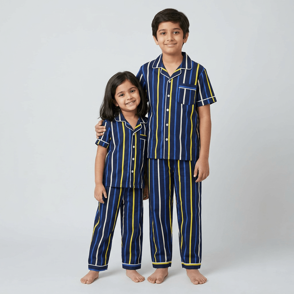 Bro and sis in matching Blue and Yellow Stripes half-sleeve night suit