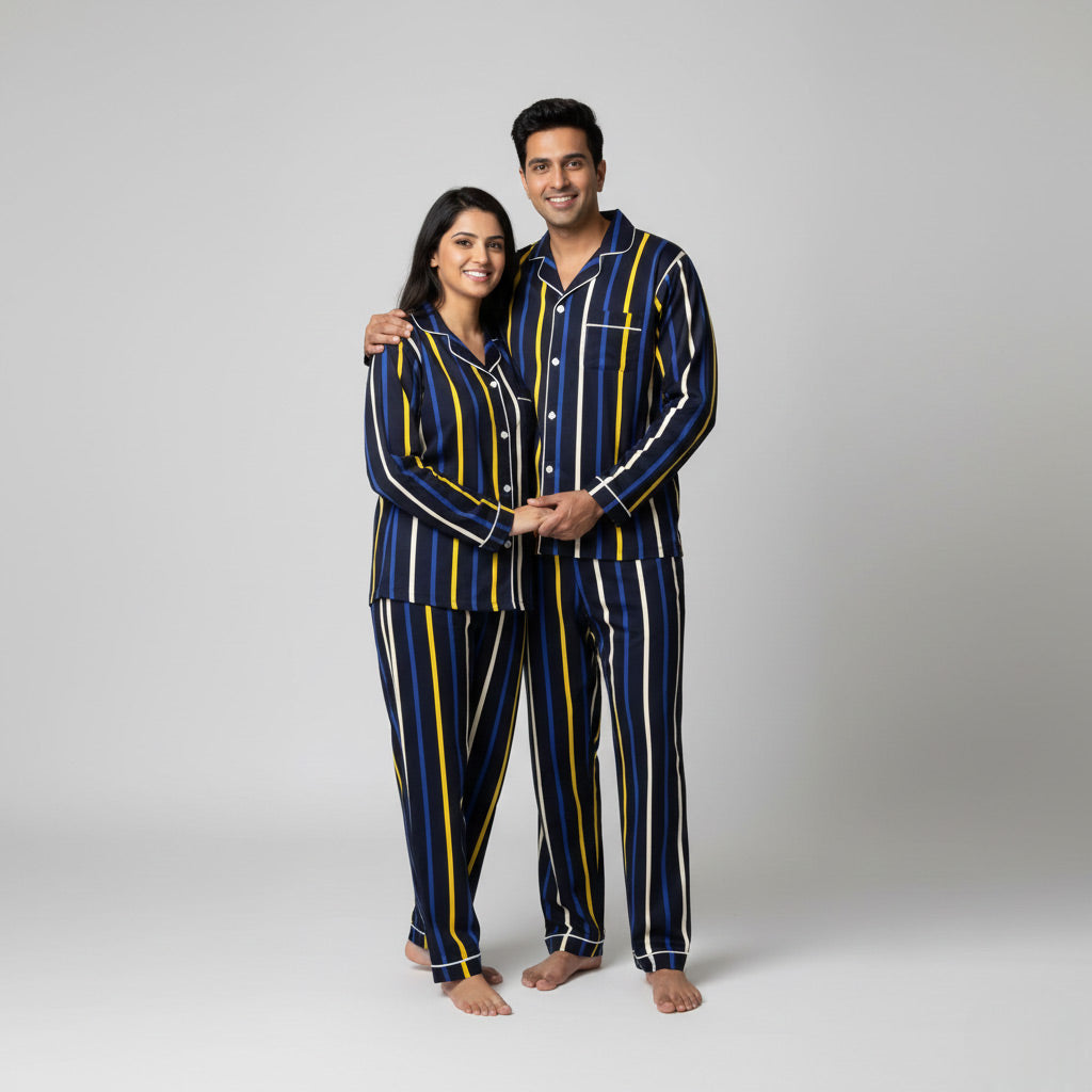 Couple in blue and yellow stripes matching pajama set, vibrant coordinated print.